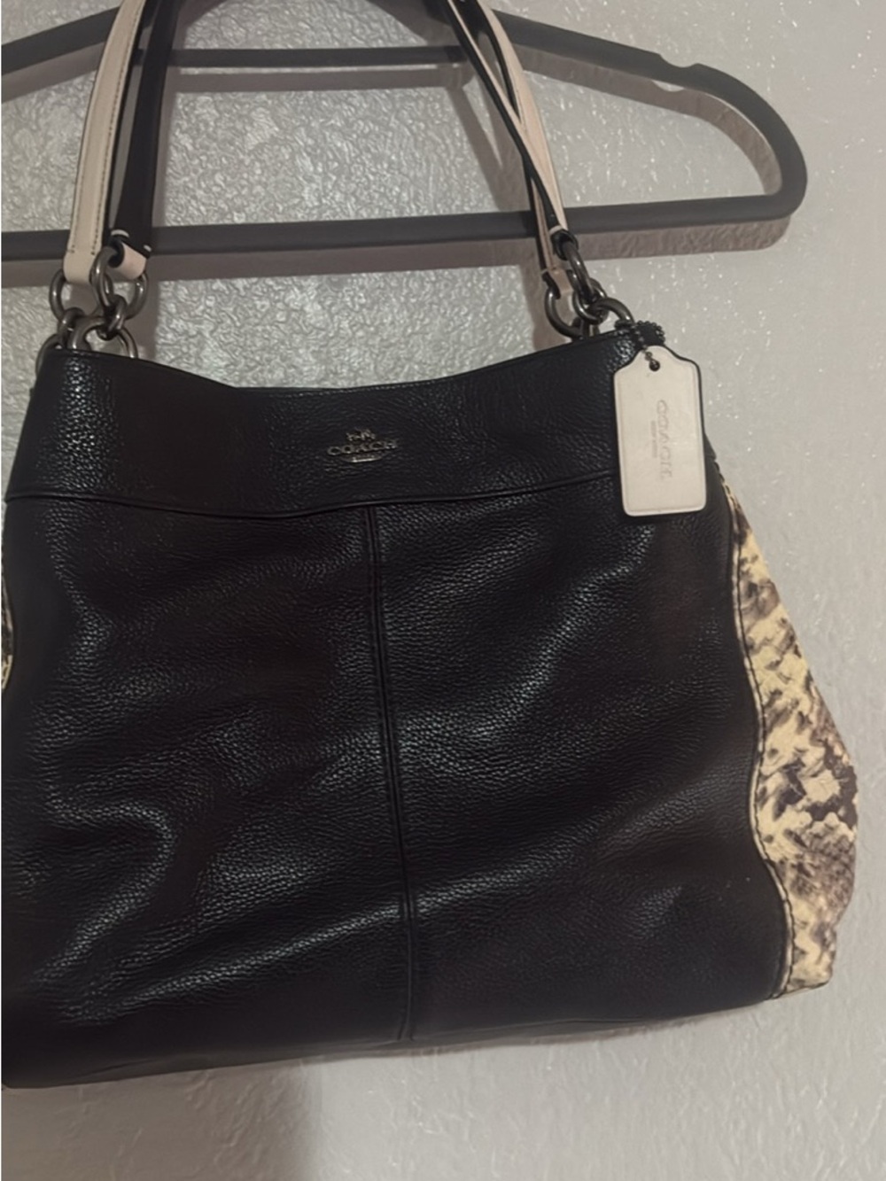 Coach Black Leather Shoulder Bag with Neutral Snakeskin Panels